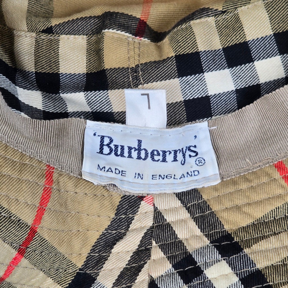 Burberry Bucket Hat Womens 7 Tan Ruched Nova Check Lining Vintage England Clean! - Picture 4 of 16